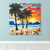 Beautiful Beach Scene with Palm Trees Canvas Afdruk (Insitu (Houten vloer))
