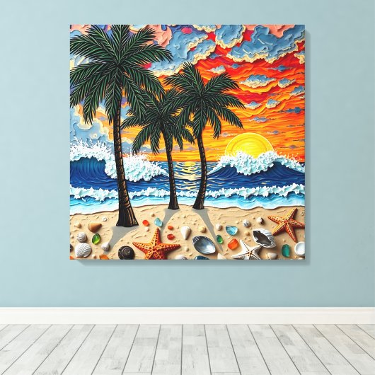 Beautiful Beach Scene with Palm Trees Canvas Afdruk (Insitu (Houten vloer))
