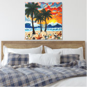 Beautiful Beach Scene with Palm Trees Canvas Afdruk (Insitu (Slaapkamer))