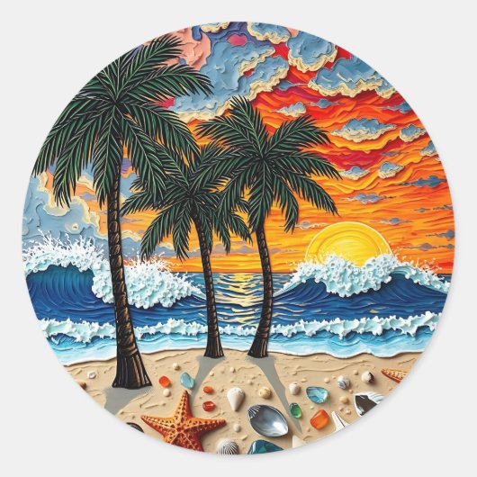 Beautiful Beach Scene with Palm Trees Ronde Sticker (Voorkant)