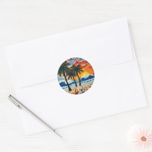 Beautiful Beach Scene with Palm Trees Ronde Sticker (Envelop)