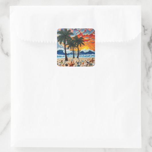 Beautiful Beach Scene with Palm Trees Vierkante Sticker (Tas)