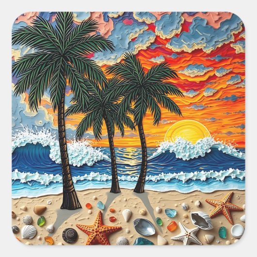 Beautiful Beach Scene with Palm Trees Vierkante Sticker (Voorkant)
