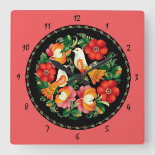 Beautiful Birds and Flowers Sketch Wall Clock Vierkante Klok