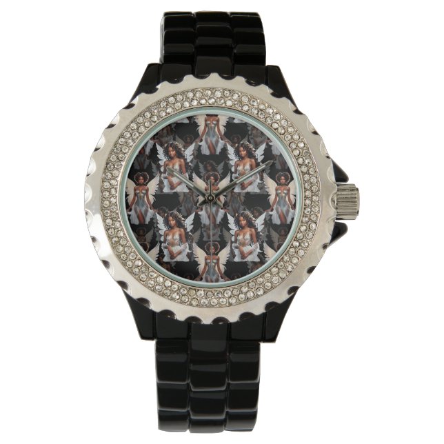 Beautiful Black Girl Angels Pattern Design -Dark Horloge (Voorkant)