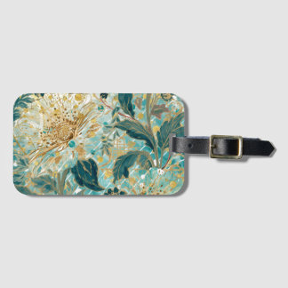 Beautiful Blooming Flowers with Green Gold Pattern Bagagelabel