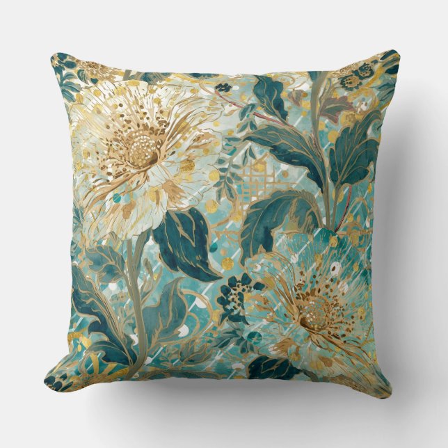 Beautiful Blooming Flowers with Green Gold Pattern Kussen (Voorkant)