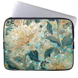 Beautiful Blooming Flowers with Green Gold Pattern Laptop Sleeve