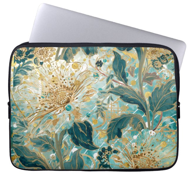 Beautiful Blooming Flowers with Green Gold Pattern Laptop Sleeve (Voorkant)