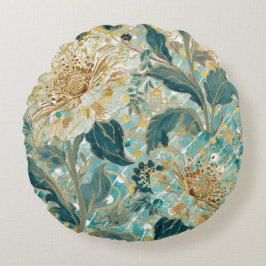 Beautiful Blooming Flowers with Green Gold Pattern Rond Kussen