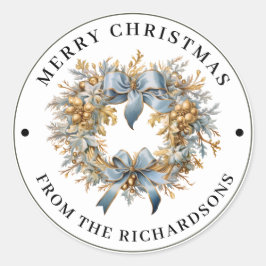 Beautiful Blue and Gold Wreath Merry Christmas  Ronde Sticker