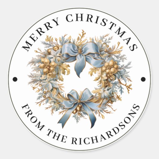 Beautiful Blue and Gold Wreath Merry Christmas  Ronde Sticker (Voorkant)