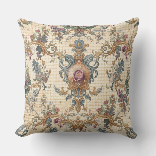 Beautiful, Blue Beigi Gold Ornament Flowers Kussen (Voorkant)