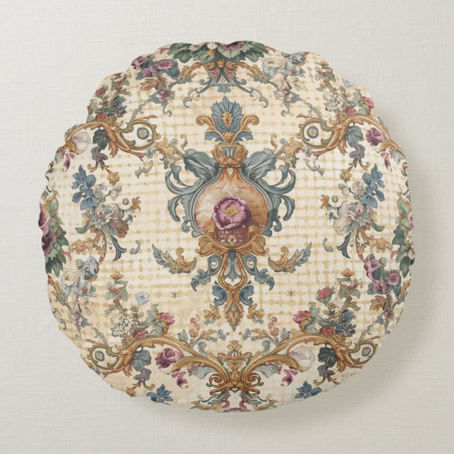 Beautiful, Blue Beigi Gold Ornament Flowers Rond Kussen (Voorkant)
