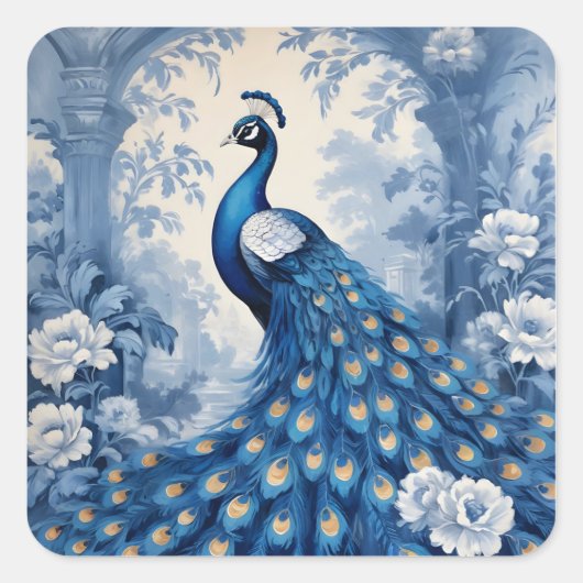 Beautiful blue peacock vierkante sticker (Voorkant)