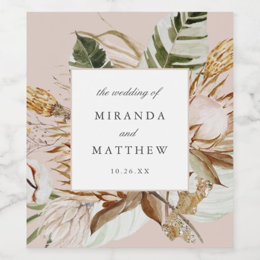 Beautiful Boho Botanical Floral Frame Wedding Wijn Etiket (Enkel label)