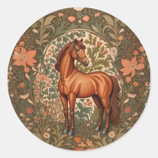 Beautiful Brown Horse William Morris Inspired  Ronde Sticker (Voorkant)