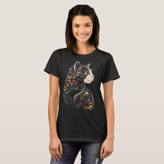 Beautiful Cat Floral Pattern Blue and Beige Tan Bl T-shirt (Voorkant volledig)