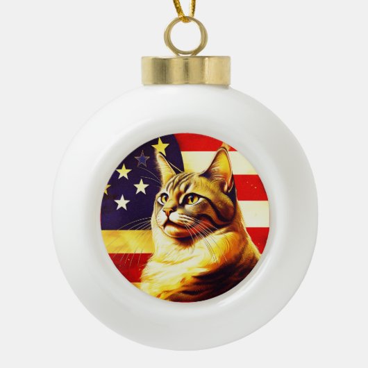 Beautiful Cat With American Flag Background Keramische Bal Ornament (Voorkant)