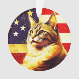 Beautiful Cat With American Flag Background Ornament
