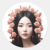 Beautiful Chinese woman with roses aiart Ronde Sticker (Voorkant)
