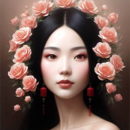 Beautiful Chinese woman with roses aiart Ronde Sticker
