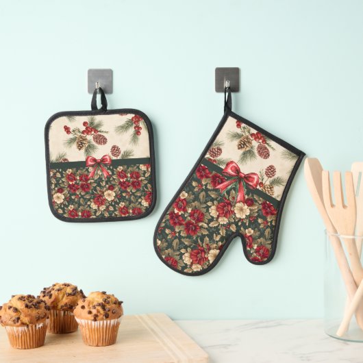 Beautiful Christmas Floral and Pine Cones Ovenwant & Pannenlap Set (Insitu(Ophanging))