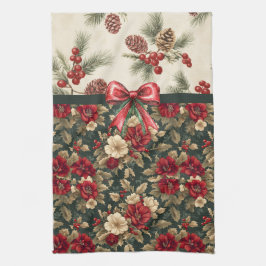 Beautiful Christmas Floral and Pine Cones Theedoek