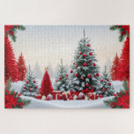 Beautiful Christmas Theme Landscape Legpuzzel<br><div class="desc">Colorful watercolor illustration of a Christmas theme landscape with red and green Christmas trees and white snow.</div>