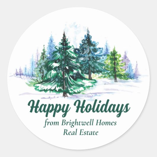 Beautiful Christmas Trees Custom Happy Holidays Ronde Sticker (Voorkant)