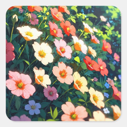 Beautiful colorful anime flowers vierkante sticker (Voorkant)