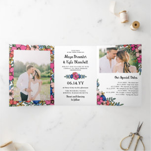 Beautiful Colorful Floral Summer Spring Wedding Drieluik Uitnodiging