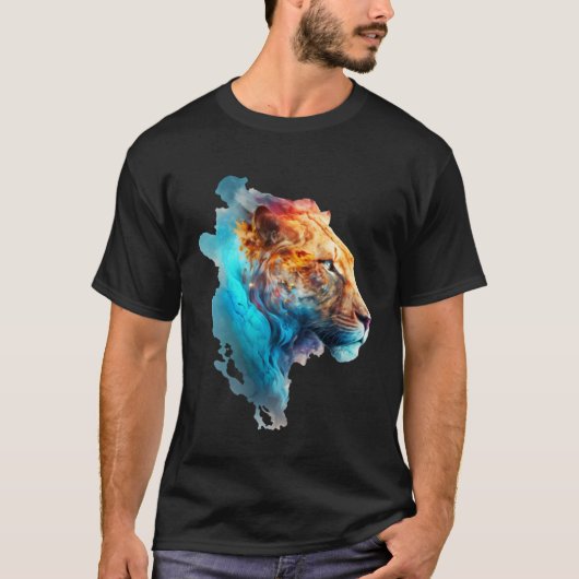Beautiful colourful lion in blue smoke t-shirt (Voorkant)