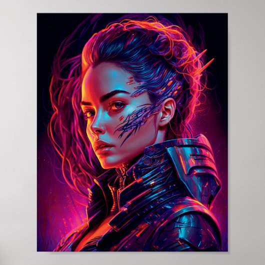 Beautiful Cyber Girl Synthwave Cool Women Portrait Poster (Voorkant)