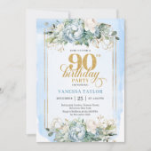 Beautiful dusty blue and gold 90th birthday invite kaart (Voorkant)