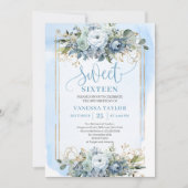 Beautiful Dusty Blue White Gold Flowers Sweet 16  Kaart (Voorkant)