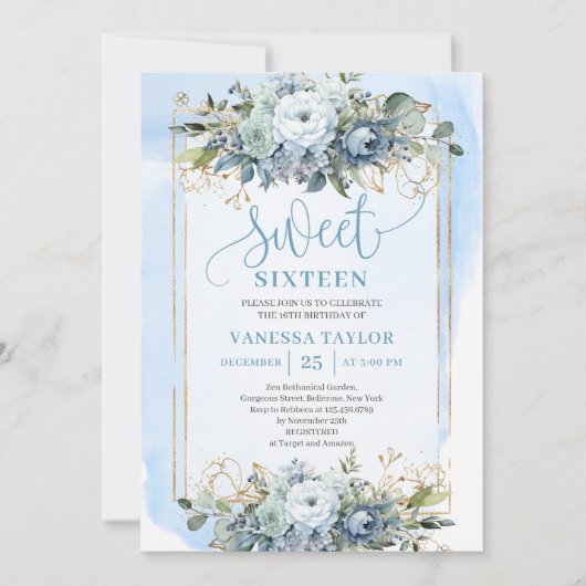 Beautiful Dusty Blue White Gold Flowers Sweet 16  Kaart (Voorkant)