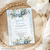 Beautiful Dusty Blue White Gold Flowers Sweet 16  Kaart