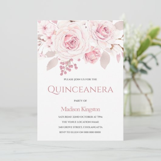 Beautiful Elegant Blush Rozen Quinceanera Party Kaart (Staand voorkant)