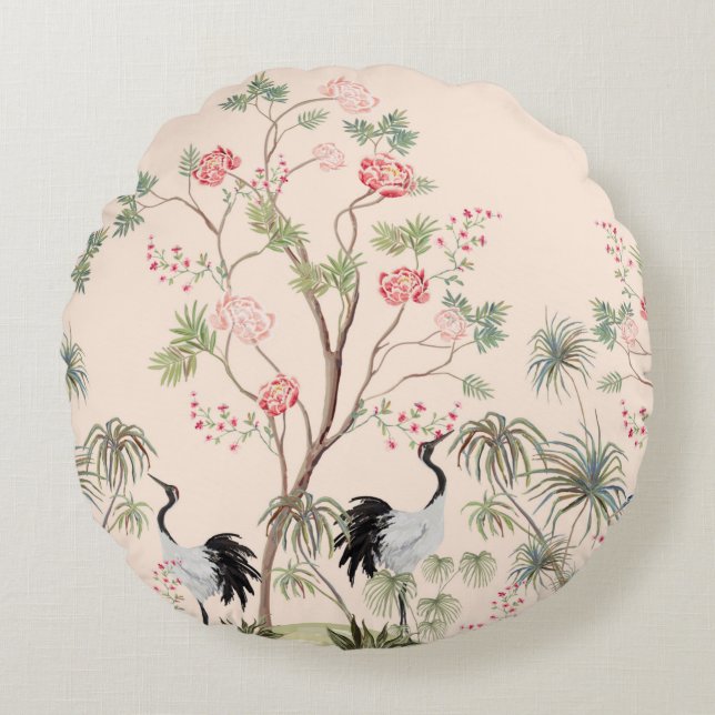 Beautiful exotic chinoiserie wallpaper. Hand drawn Rond Kussen (Voorkant)