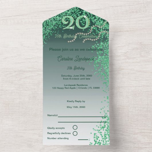 Beautiful Falling Green Glitter 20th Birthday  All In One Uitnodiging (Binnen)