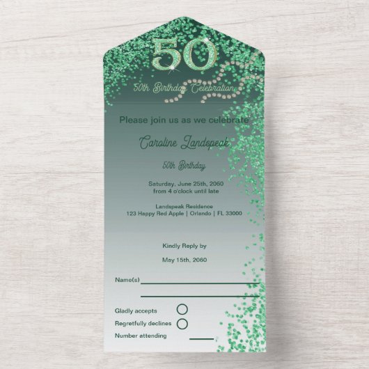 Beautiful Falling Green Glitter 50th Birthday  All In One Uitnodiging (Binnen)