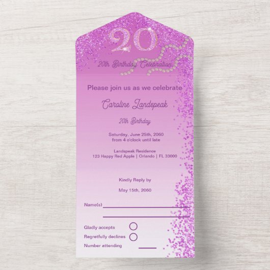Beautiful Falling Pink Glitter 20th Birthday  All In One Uitnodiging (Binnen)