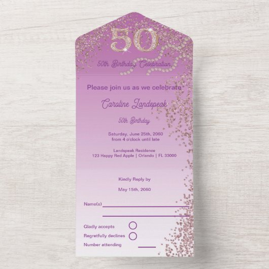 Beautiful Falling Rose Gold Glitter 50th Birthday All In One Uitnodiging (Binnen)