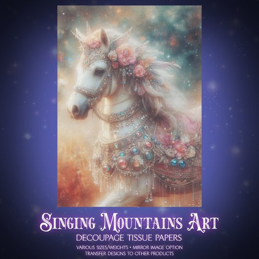 Beautiful Fancy White Horse With Flowers Decoupage Tissuepapier