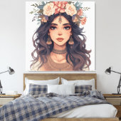 Beautiful Floral Anime Girl – Soft Pastel Aesthe Canvas Afdruk (Insitu (Slaapkamer))