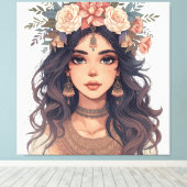 Beautiful Floral Anime Girl – Soft Pastel Aesthe Canvas Afdruk (Insitu (Houten vloer))