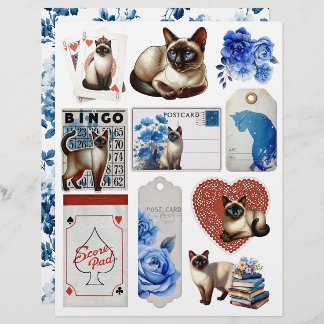Beautiful Fussy Cuts with Siamese Cat & Blue Roses (Voorkant / Achterkant)