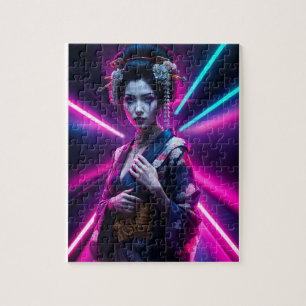 Beautiful Geisha Puzzle with Neon Background - Ele Legpuzzel