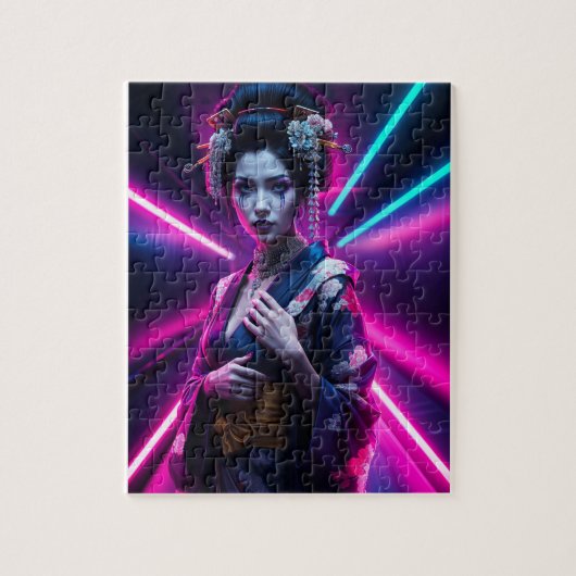 Beautiful Geisha Puzzle with Neon Background - Ele Legpuzzel (Verticaal)